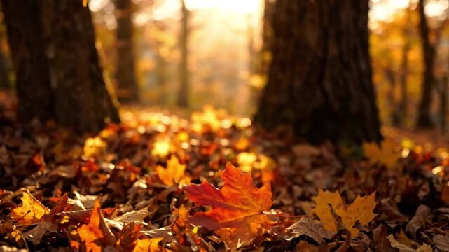 Autumn Maple Leaf on Forest Floor with Fallen Leaves