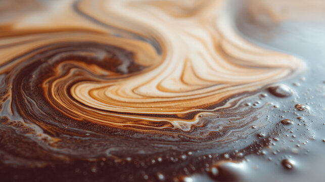 Abstract swirling patterns of dark brown liquid with lighter beige and white streaks, creating a marbled effect with small bubbles.