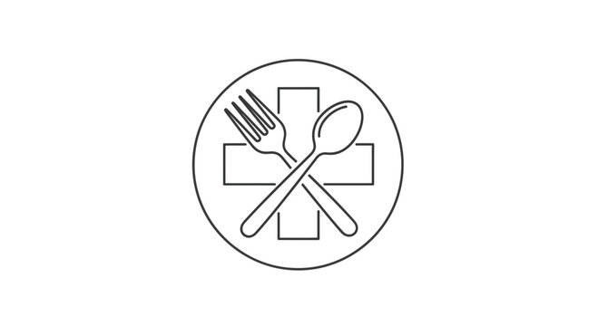 Healthy food icon: fork and spoon crossed over medical cross in circle