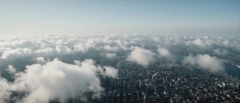 Aerial View of Urban Cityscape Overlooking Low Clouds From Above
