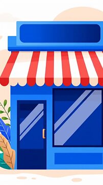Blue storefront icon with red striped awning on white.