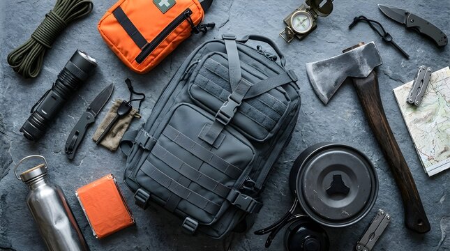 Flat lay of outdoor survival and adventure equipment tactical backpack, axe, flashlight, and compass, arranged on a dark stone surface for wilderness preparedness