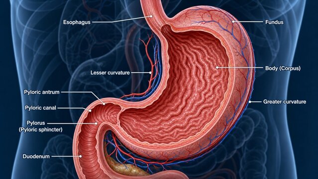 Human Stomach Anatomy Illustration with Labeled Regions and Blood Vessels for Medical Education