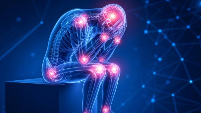 Pain in a Human Body Representation Showing Inflamed Joints and a Headache Illustrating Medical Discomfort and Chronic Illness