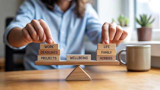 Work life balance concept with wooden blocks on seesaw representing career and family priorities