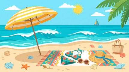Obraz premium Beach scene with umbrella bikini and accessories on colorful towel by ocean waves