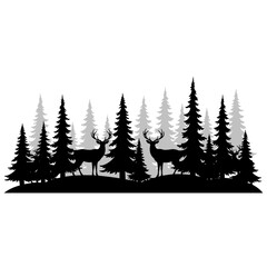 Obraz premium Deer Family Silhouettes in Pine Forest Landscape