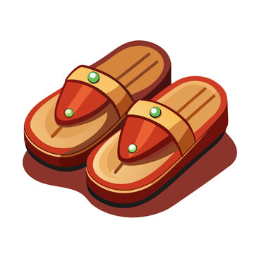 a pair of traditional red and brown flip-flop sandals with green gem decorations and gold straps, shown in an isometric style.