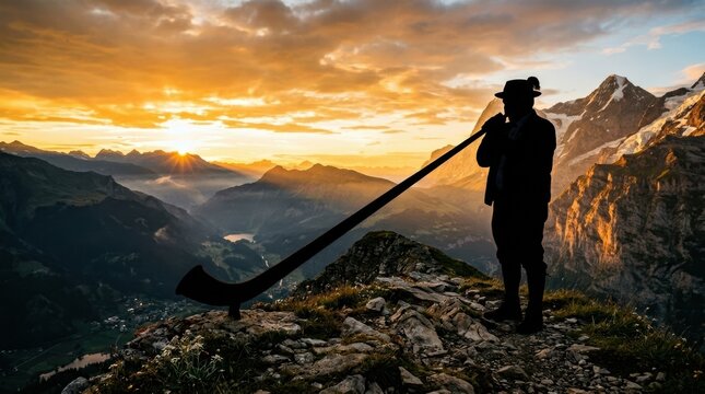 A Alphorn player at sunrise on a mountain peak, the long wooden horn silhouetted against the golden sky. The player wears traditional Swiss attire. The valley below is in shadow, the peaks are lit.