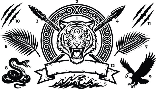 Tribal tiger mascot shield emblem with roaring predator head crossed spears venomous snake flying eagle and scratch marks vector illustration