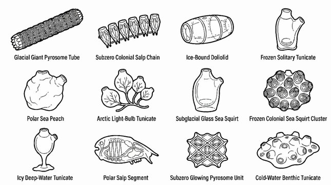 Scientific illustration of various marine tunicate species and pyrosome colonies in black and white line art style.