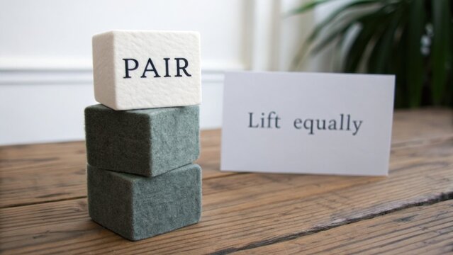 Wooden blocks with message displaying the word pair and instruction to lift equally placed on a rustic wooden table