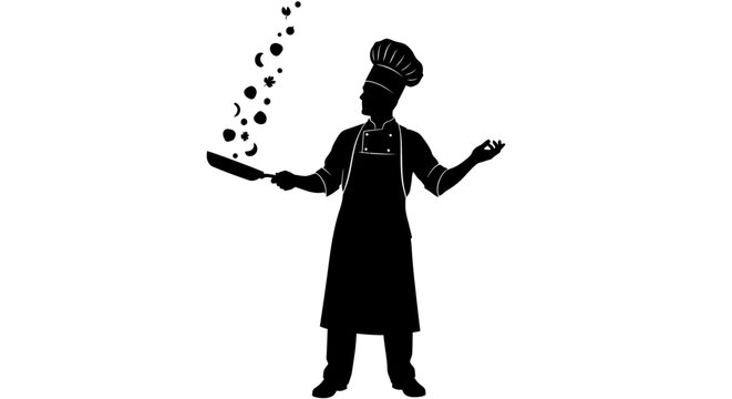 Black silhouette of a chef tossing food in a pan