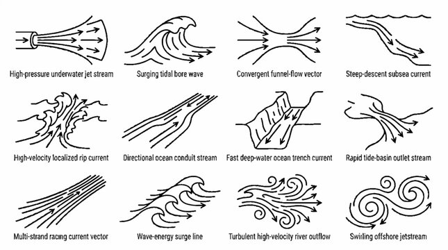 Collection of ocean current and water flow vector icons showing various hydraulic movements and wave patterns.