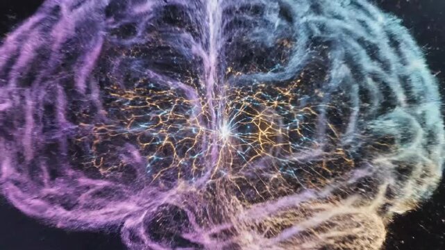 Human brain neural pathways glow with colorful light filaments representing complex cognitive processing and electrical activity.