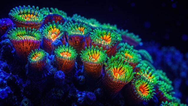 Vivid fluorescent coral polyp cluster glowing green and orange under blue light, set against dark deep reef water background in cinematic underwater macro view