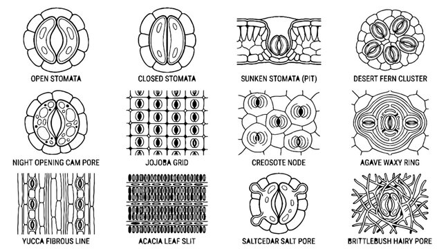 Scientific illustration of plant stomata types and leaf cellular structures in black and white line art.