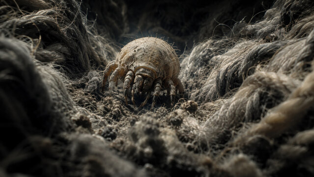 Dust mite crawling through mattress fiber strands, photorealistic surface detail, low camera angle, dramatic perspective, dark environment, indoor air quality health concept