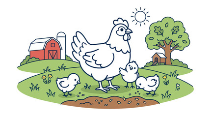 Cute Chicken Family on Farm: Mother Hen and Chicks in Sunny Meadow © roziah