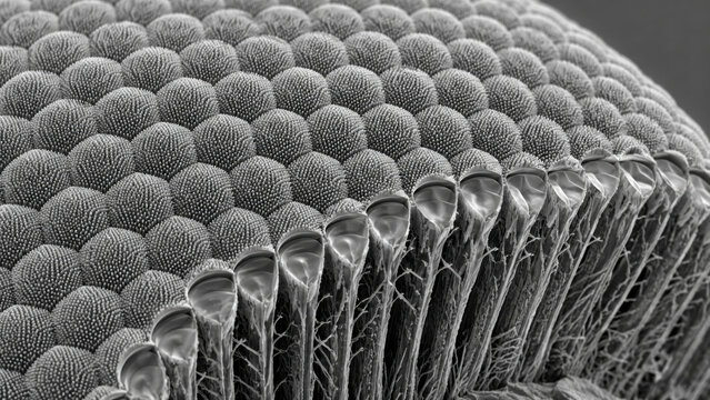 Insect compound eye surface ultrastructure showing hexagonal facet array with corneal nipple detail, ommatidium lens curvature, monochrome SEM high depth of field