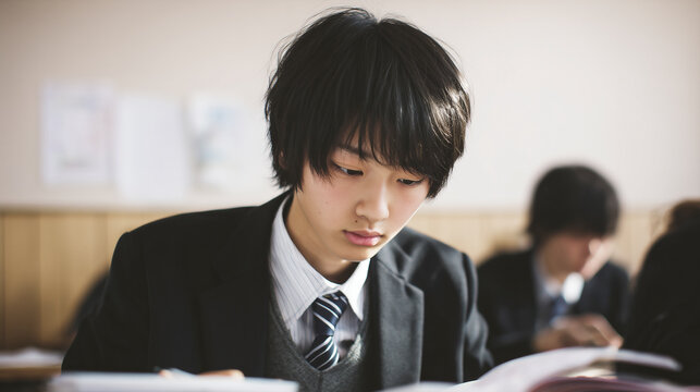 日本の男子学生が教室で勉強しているシーン