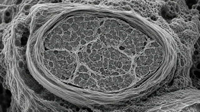 Scanning electron microscope cross section of peripheral nerve fascicle showing perineurium sheath, axon population, collagen matrix, and connective tissue detail