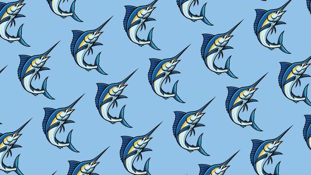 Seamless pattern of blue marlin fish swimming on light blue background