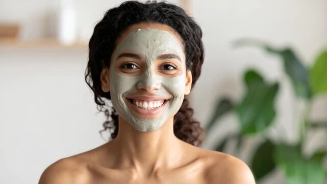 Happy young woman with a refreshing green clay face mask smiling