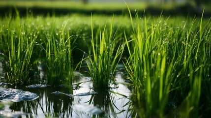 Fototapeta premium A sparkling and lush rice paddy reflects gentle waves and wisps of foam in a serene natural setting