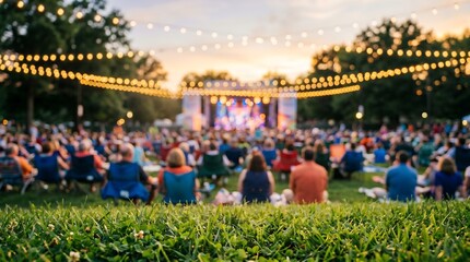Obraz premium A blurred crowd of people seated on grass illuminated by string lights at dusk audience background concert event festival gathering illumination