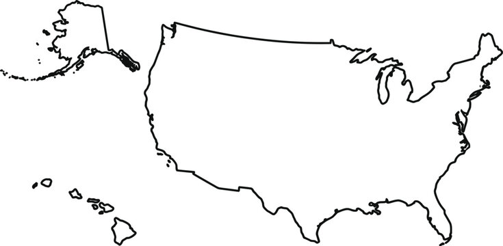 A black line drawing of the contiguous united states of america and alaska and hawaii