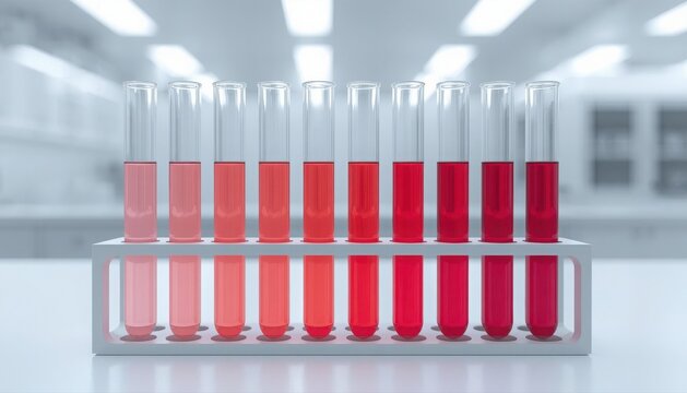 Laboratory test tubes with varying shades of red liquid in a rack on a blurred lab background laboratory chemical research experiment analysis chemistry glassware scientific diagnostics