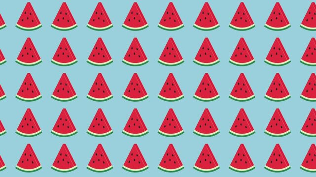 Vibrant red watermelon slices arranged in rows on a light blue background