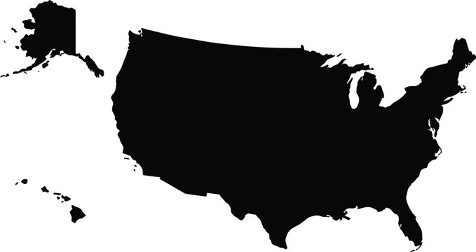 Black silhouette map of the united states of america including alaska and hawaii