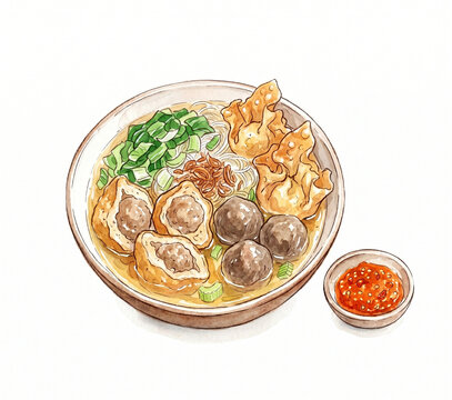 Bakso Malang Indonesian Meatball Soup with Vermicelli, Watercolor Illustration