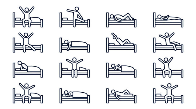 Human figures sleeping and stretching in bed icons.