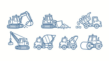 Construction vehicles including excavator bulldozer and crane set © NAV