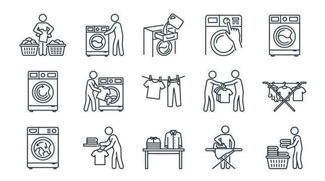 Laundry and housework thin line icons.