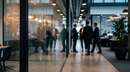 Obraz premium Dynamic reflections of business professionals in a modern office hallway captured through a glass wall