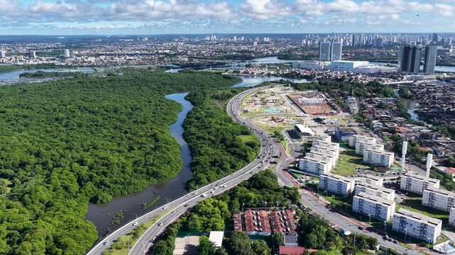 Mangrove Park In Recife Pernambuco Brazil. Stunning Landscape Of Highway Road Viewed From Above. Business Clouds Sky Downtown Cityscape. Backgrounds Panning Wide. Recife Pernambuco.