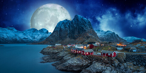 night view of the mountains of lofoten, in a winter evening © Baki