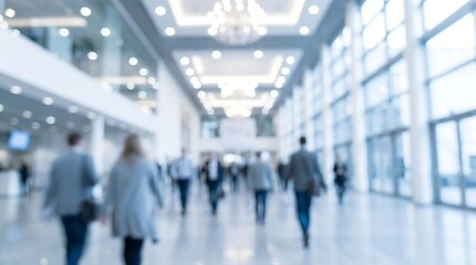 Fototapeta premium Blurred business professionals walking through bright modern corporate office building atrium with high glass windows and soft natural sunlight streaming into clean commercial hallway