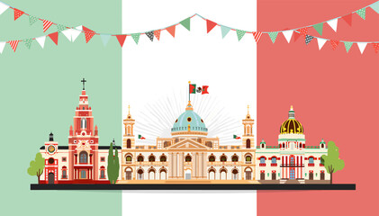 Obraz premium Vector illustration of Italian landmarks and architecture with festive bunting against the Italian flag background.