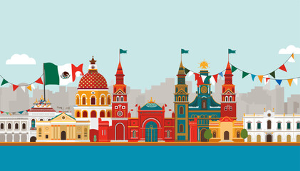Fototapeta premium Vibrant Mexican cityscape illustration with traditional architecture, festive decorations, and a prominent national flag.