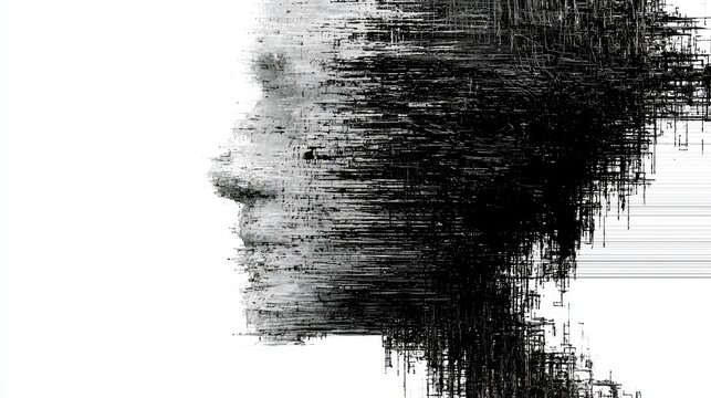 Distorted profile of a human face dissolving into digital noise