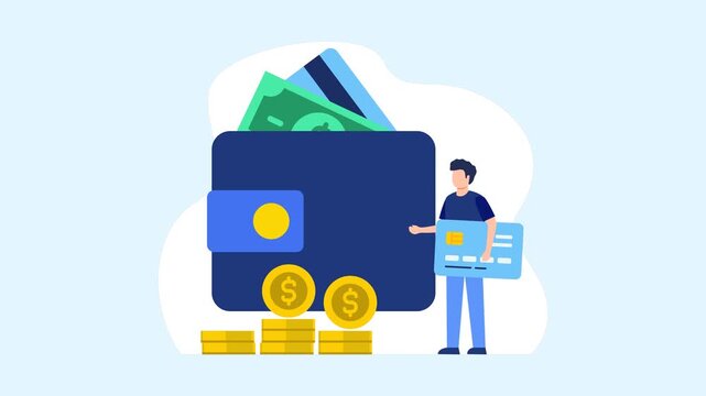 Animated man holding credit card near wallet