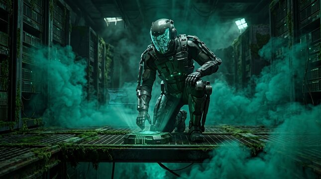 Futuristic soldier activating hologram in sci-fi bunker