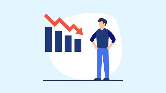 Frustrated businessman watching declining sales chart animation