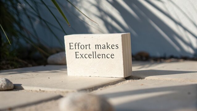 Inspirational stone with engraved text 'Effort makes Excellence' on a light stone pathway surrounded by nature elements