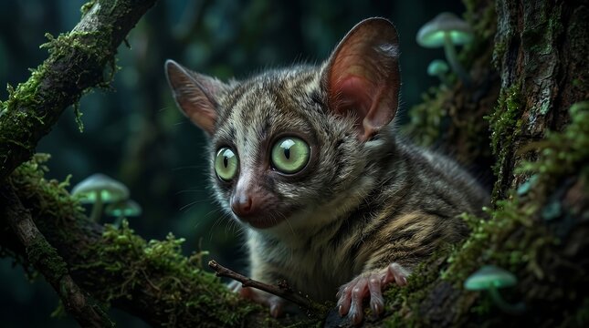 Cute Galago Bush Baby in Mystical Night Forest with Mushrooms